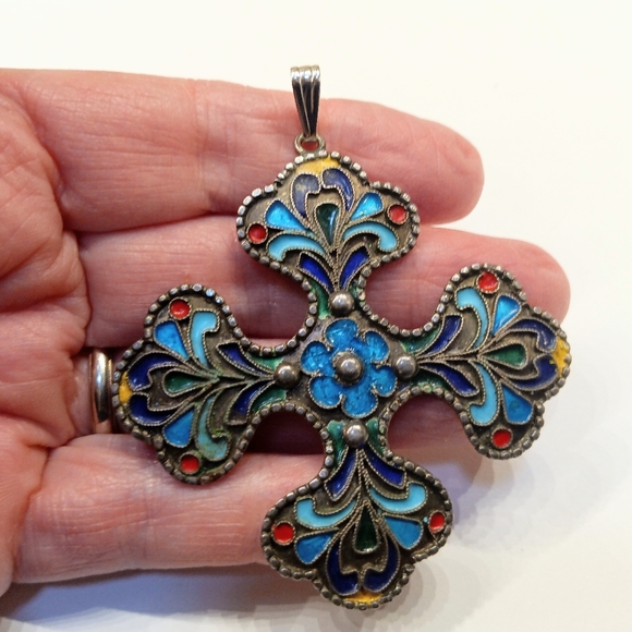 Art Deco 100% Pure Silver Enameled Cross Pendant Marked 1000 - Picture 4 of 7
